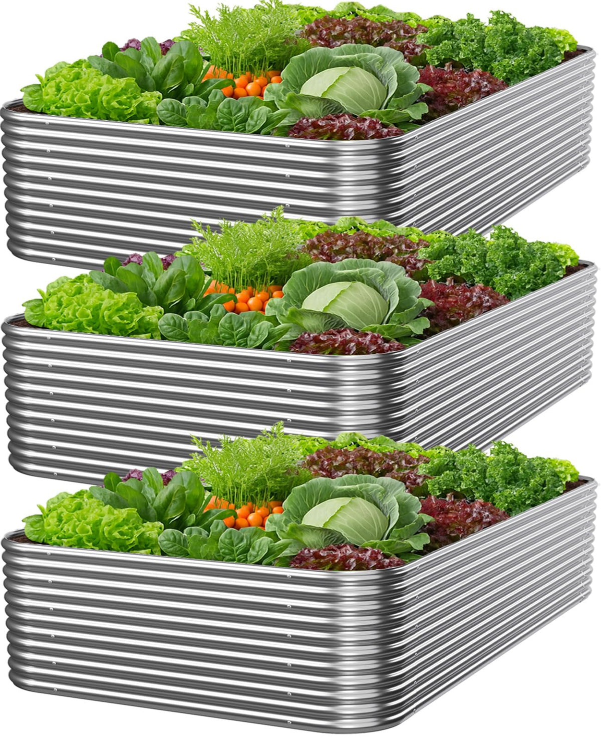 Mostmahes 3-pack tall galvanized bed outdoors withstands sun and rain.