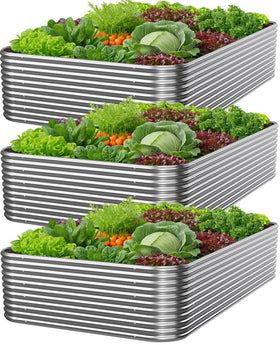 Mostmahes 3-pack tall galvanized bed outdoors withstands sun and rain.