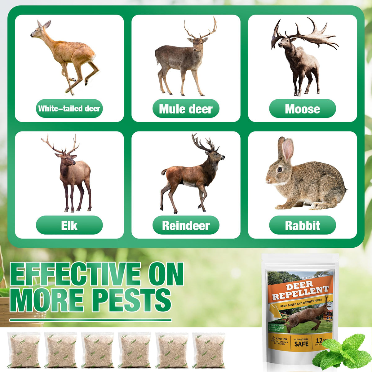 Motrapso deer pouches beside fruit trees, natural ingredients guarding ripening fruit.