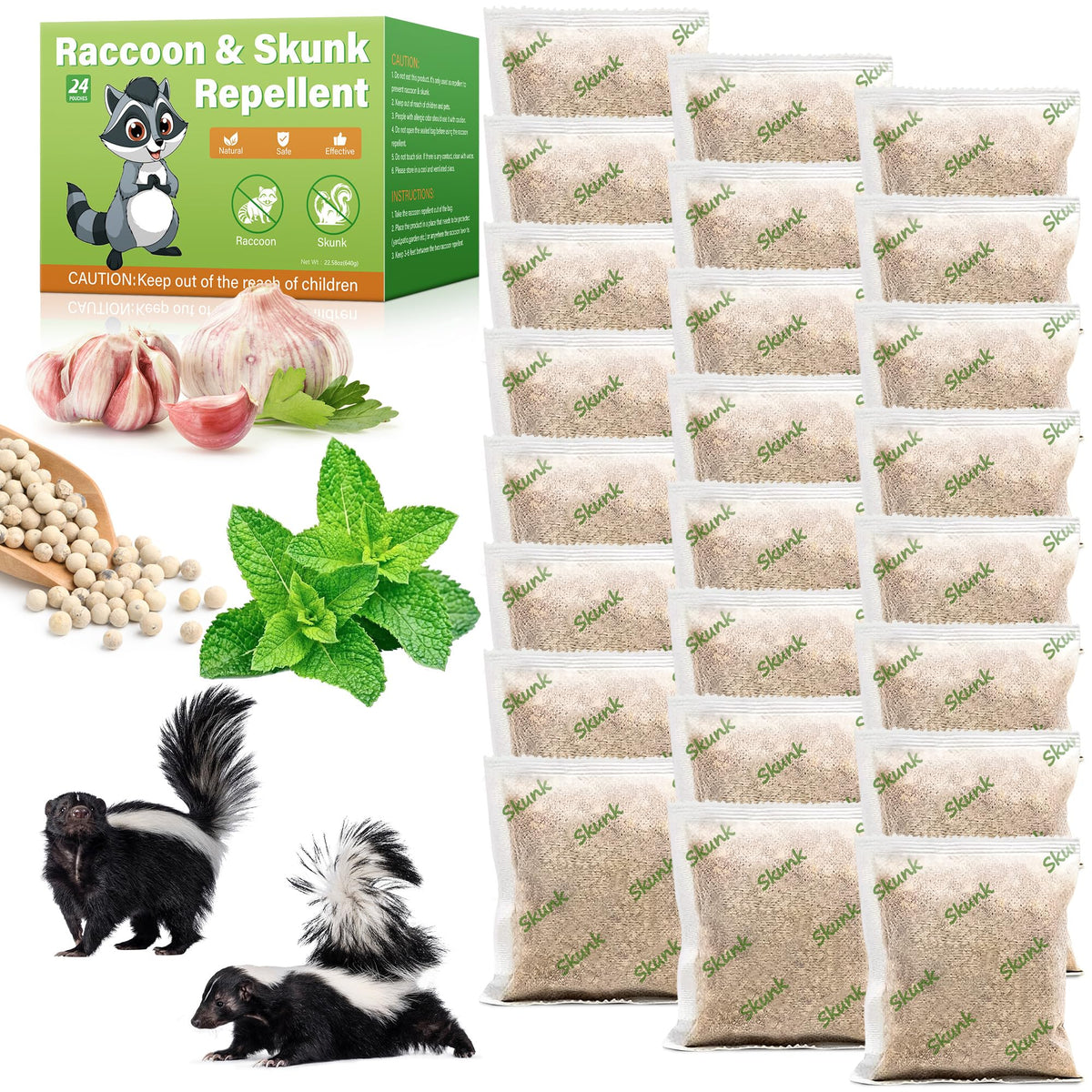 Motrapso Skunk Pouches 24-pack packaging deters wildlife with natural ingredients.