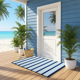 Moucuny blue white coastal stripe rug suited for indoor and outdoor spaces.