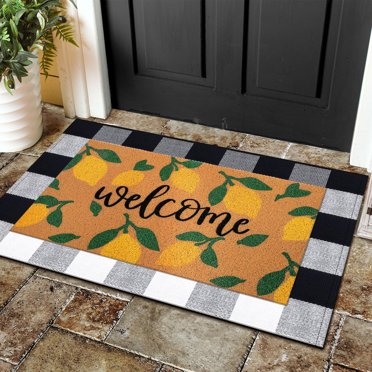 Moucuny buffalo plaid floor mat in black and white adds classic style and dirt trapping.