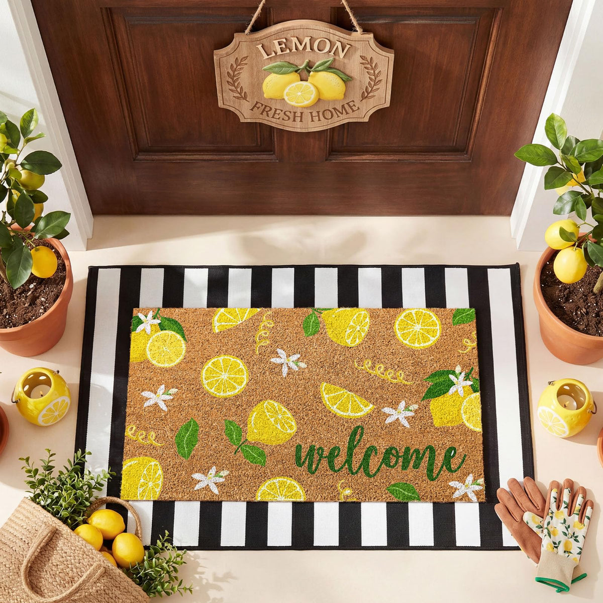 Moucuny layered entryway idea showing lemon mat with striped rug.