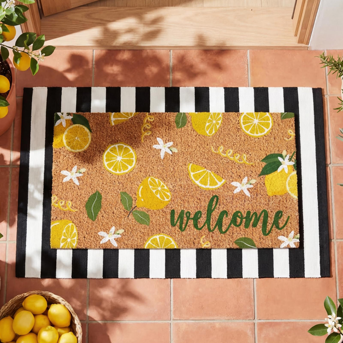 Moucuny lemon welcome doormat, citrus pattern adds sunny curb appeal for entryways.