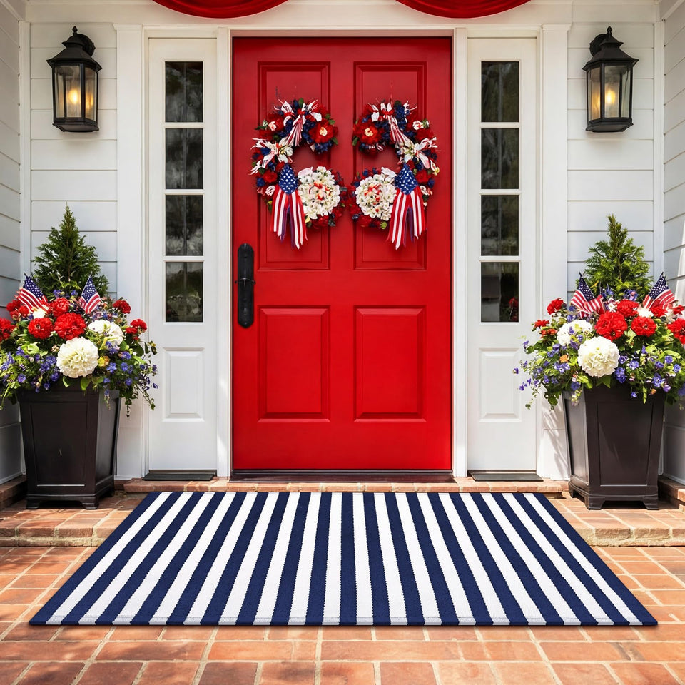 Moucuny Memorial Day striped front porch mat blue and white for durable outdoor use