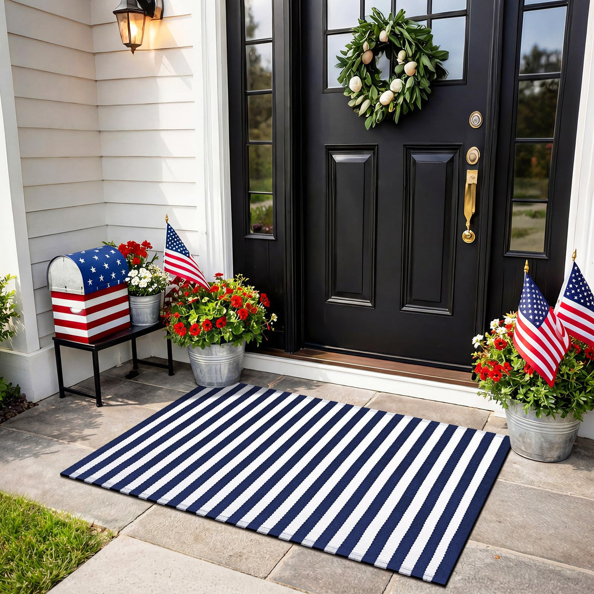 Moucuny Memorial Day striped outdoor rug blue and white adds seasonal curb appeal