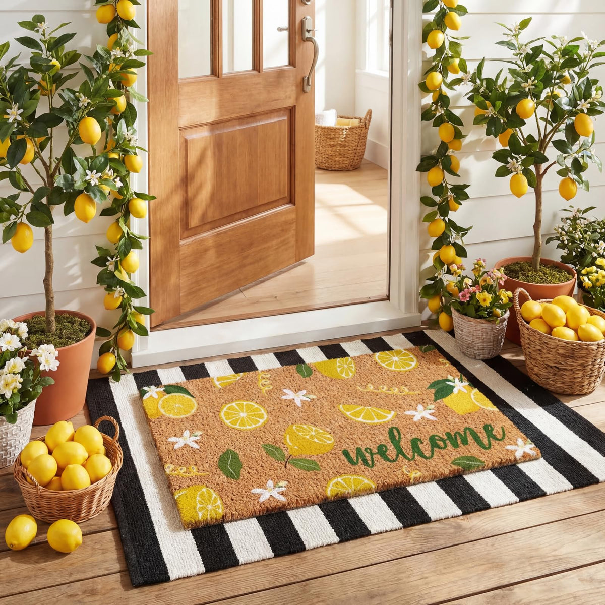 Moucuny summer porch decor with lemon motif boosts curb appeal.