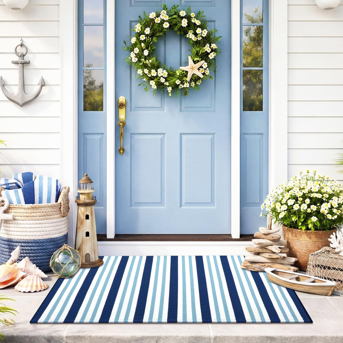 Moucuny Summer Striped Rug adds coastal front-door charm with navy and white stripes.