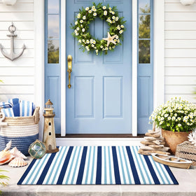 Moucuny Summer Striped Rug adds coastal front-door charm with navy and white stripes.