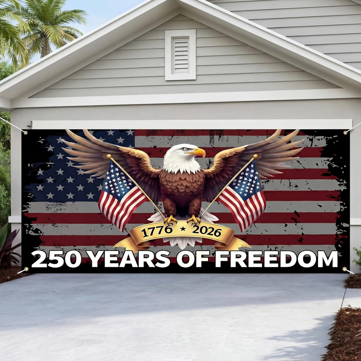 Moukeren 250th patriotic garage door banner with bold flag and eagle for curb appeal.
