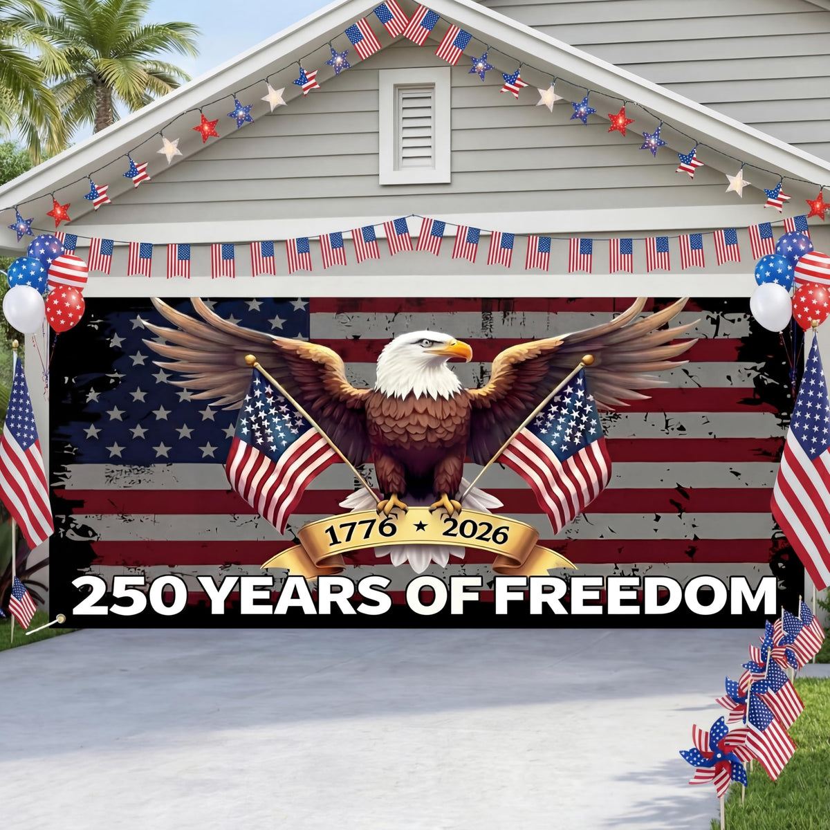 Moukeren 4th of July banner enhances yard parties with vivid red, white, and blue graphics.