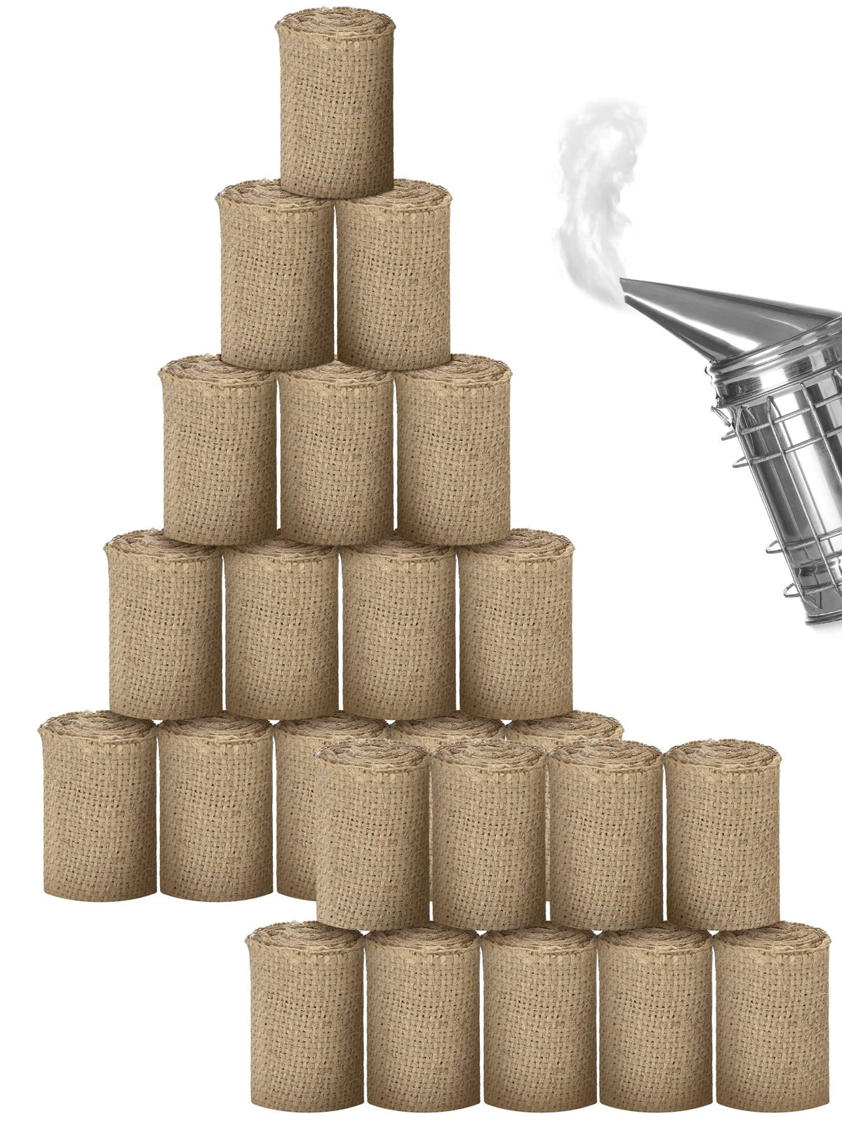 Moukeren bee smoker fuel packaging shown, easy-to-store natural jute rolls.