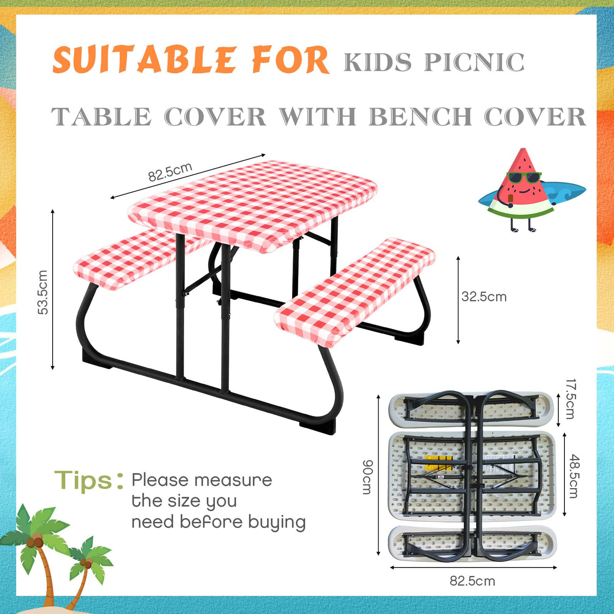 Moukeren bench fitted cover in red and white checks keeps benches clean and stylish