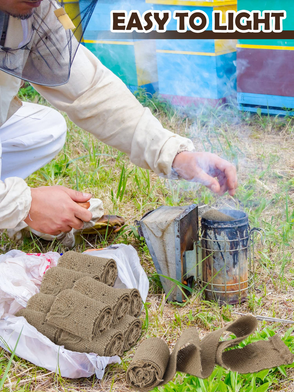 Moukeren natural jute material texture highlighting eco-friendly smoker fuel.