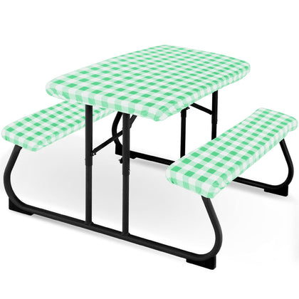 Moukeren picnic table cover in green-white plaid protecting the surface from spills