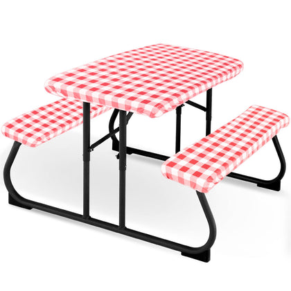Moukeren picnic table cover in red and white checks protects surfaces during outdoor meals