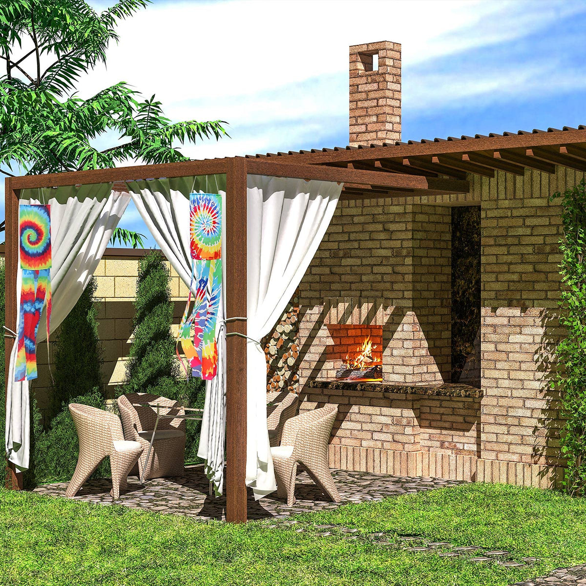 Moukeren windsock flags decorating entryways, fences, or trees with bright rainbow tails