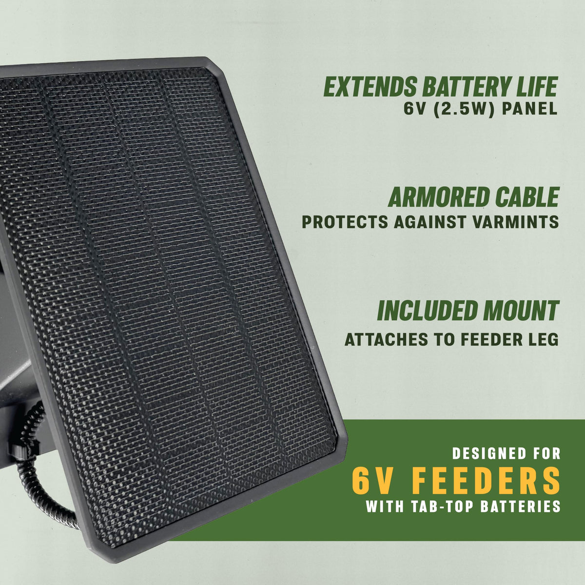 Moultrie Pro Hunter III compatible panel installed on a feeder leg.