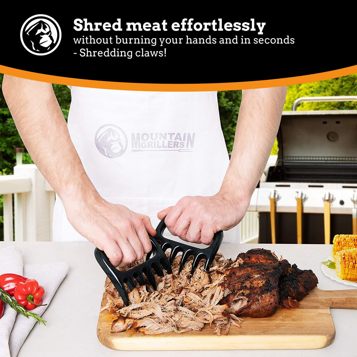 Mountain Grillers bear claws on grill show ergonomic grip for comfortable shredding.