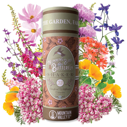 Mountain Valley Seed Company wildflower shaker close-up showing a hummingbird-friendly mix for pollinators.