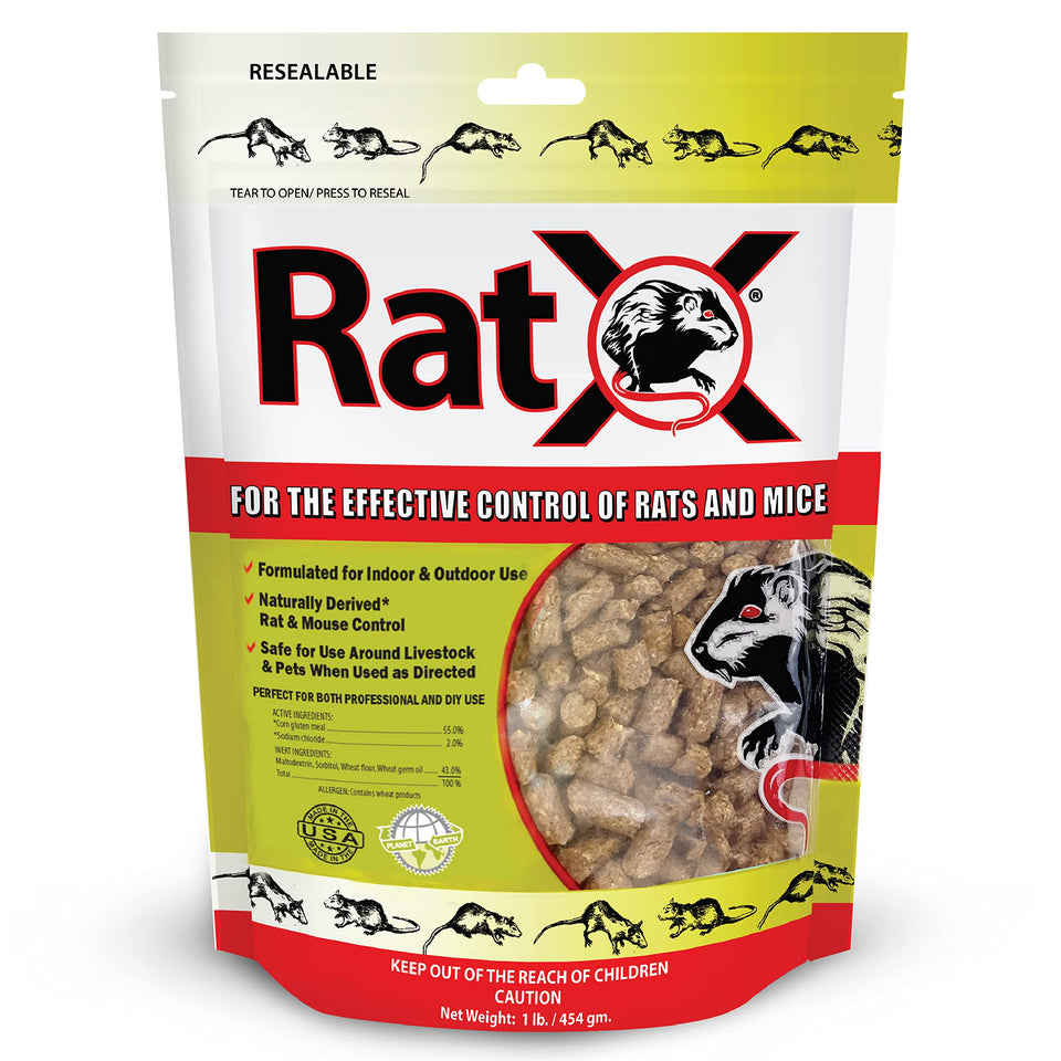 MouseX RatX all-natural pellets for humane rodent control in homes.