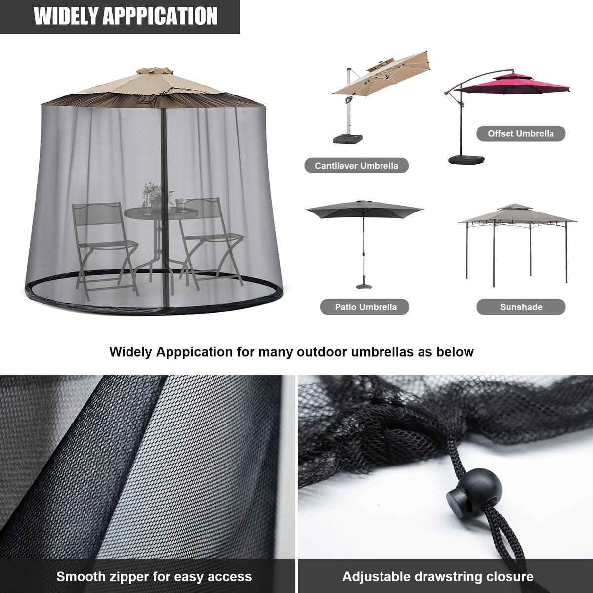Moutosne umbrella net zipper close-up for easy outdoor dining.