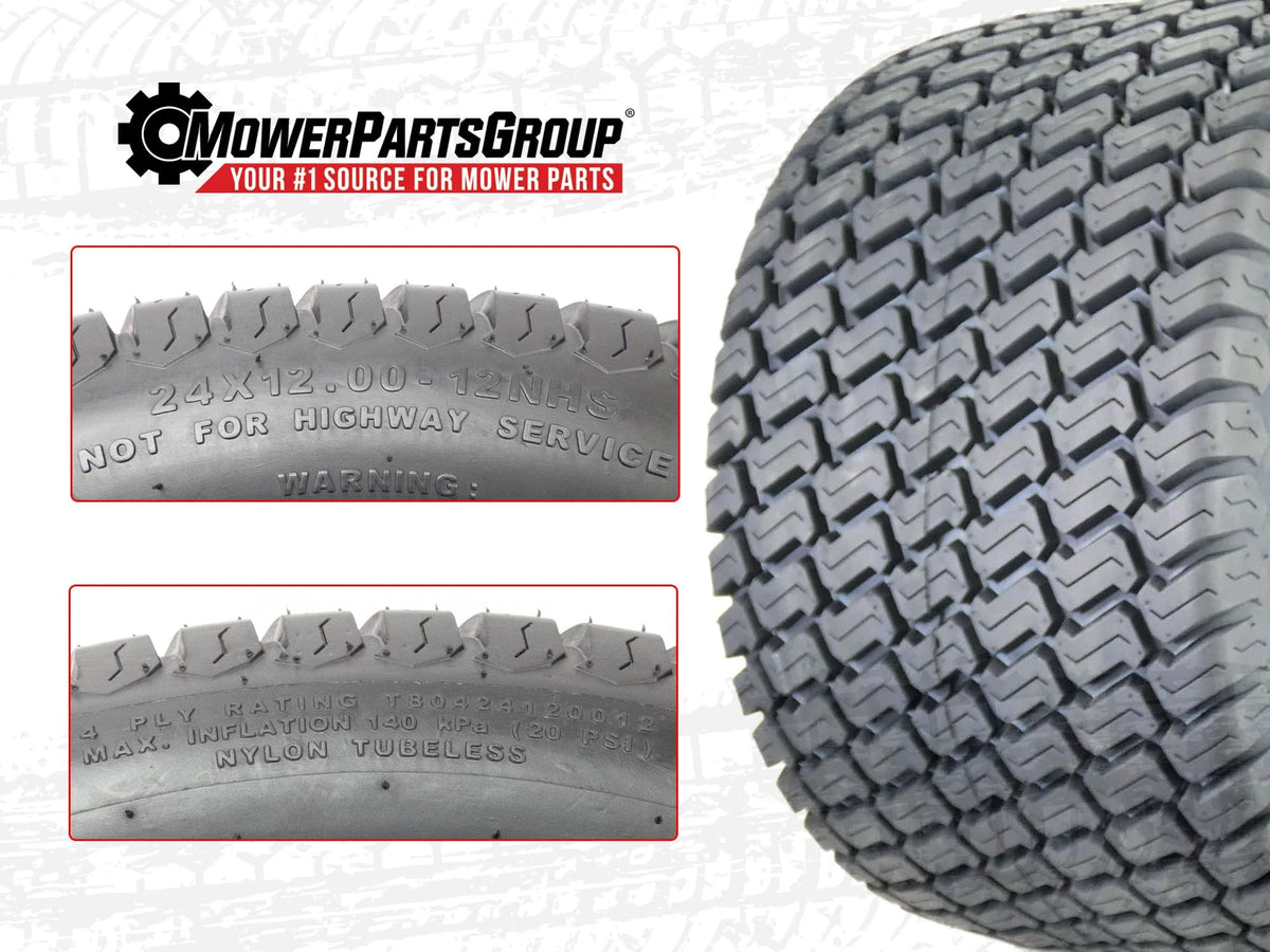 MowerPartsGroup Grassmaster 24x12-12 tire side view showing sturdy tread for zero-turn mowers