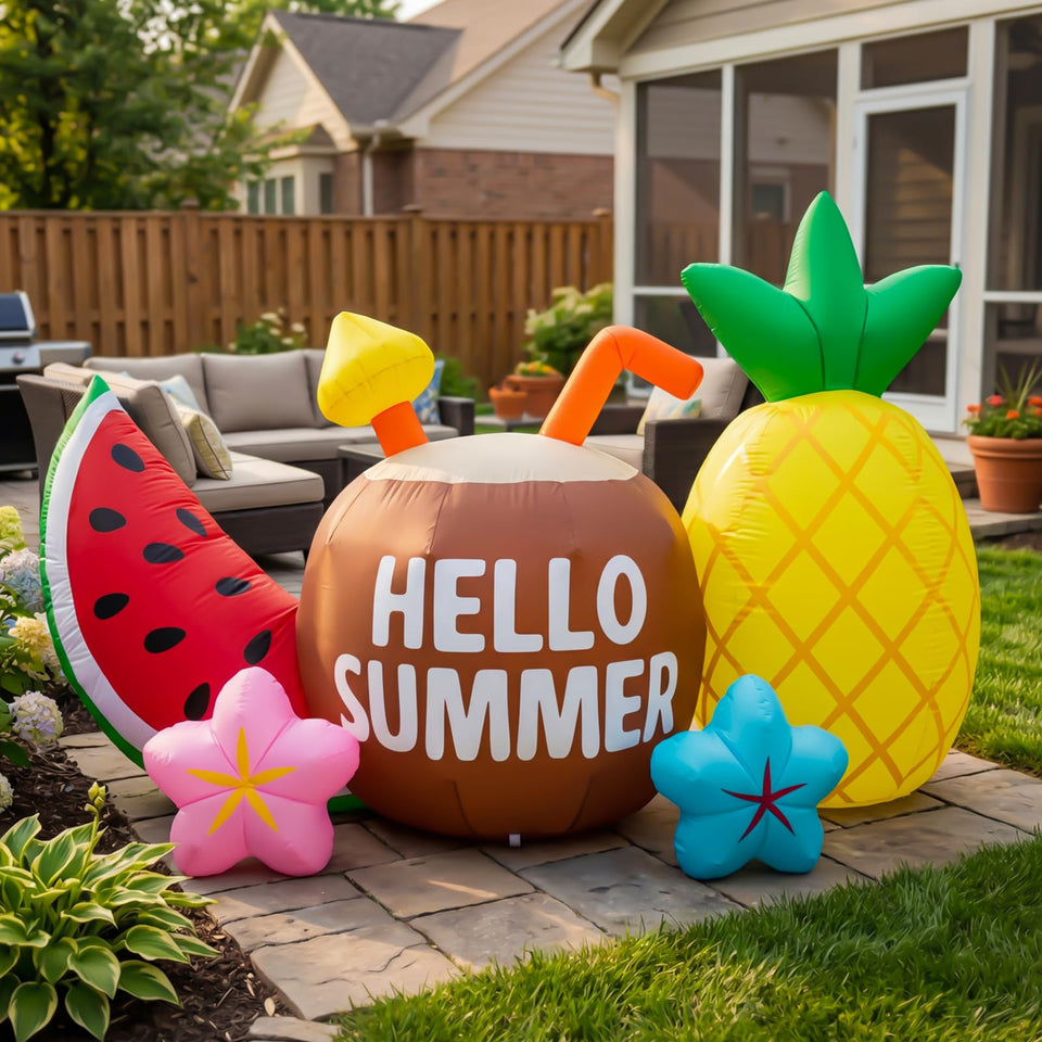 Mowholm 7ft Hello Summer inflatable greets guests with vibrant outdoor colors.