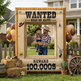 Mowholm Western Wanted Poster Frame front view boosts photo opportunities at a party
