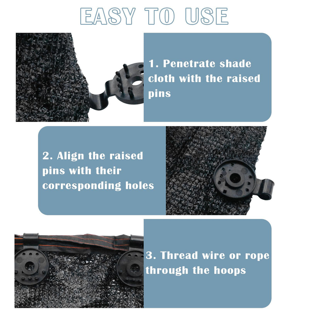 Mowpun sunshade fabric clip in use securing garden netting.