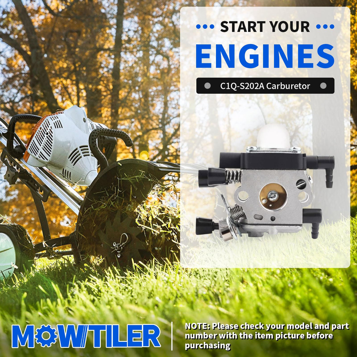 Mowtiler MM55 carburetor with spark plug and primer bulb for easy starting.