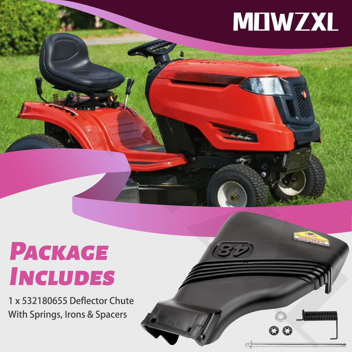 MOWZXL Deflector Chute demonstrates compatibility with Husqvarna and Poulan decks