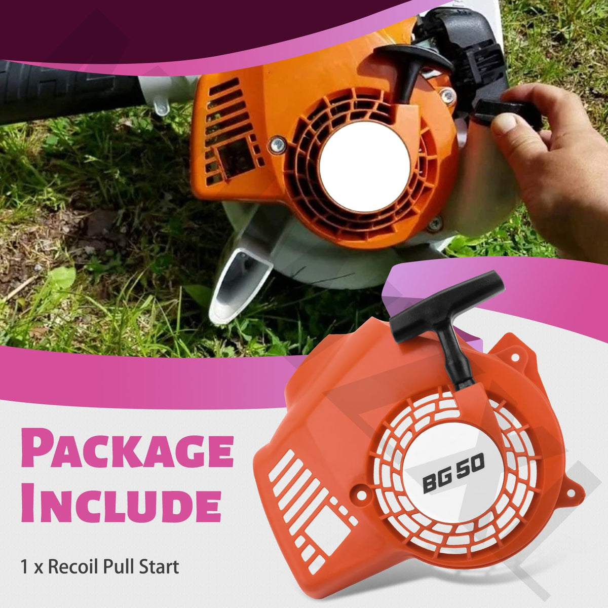 MOWZXL installed on a Stihl Bg50 leaf blower in red ready to use.