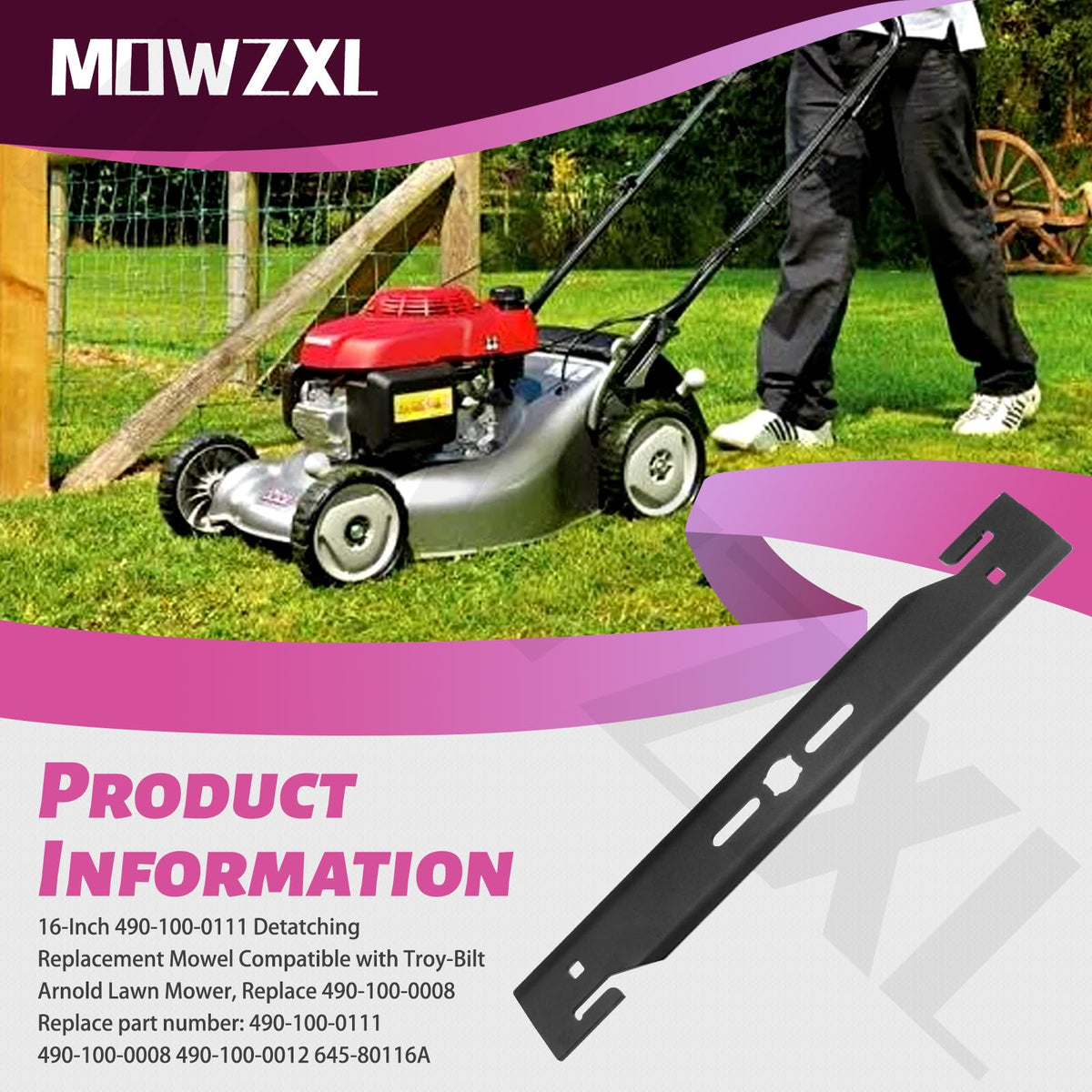 MOWZXL blade packaging beside a lush lawn result.
