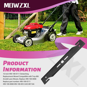 MOWZXL blade packaging beside a lush lawn result.