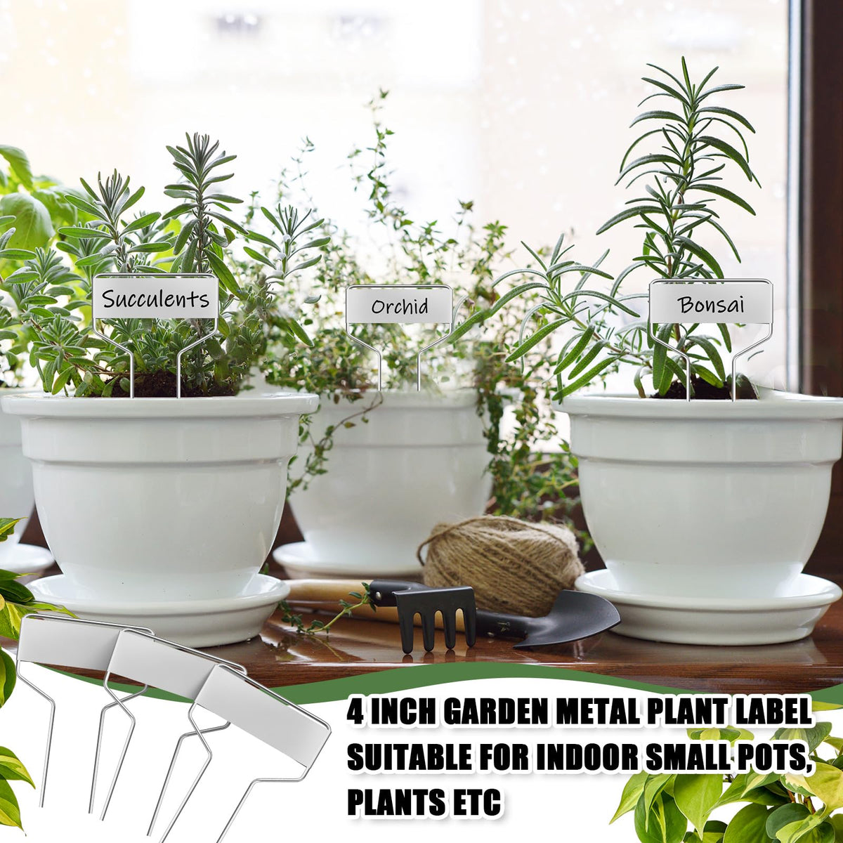 Moxweyeni plant markers shown in pots and garden beds for clear plant IDs.