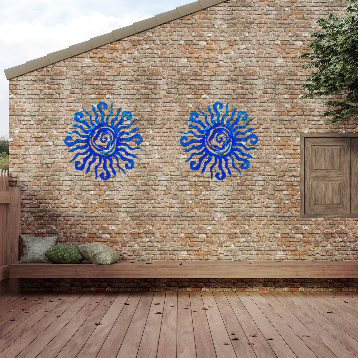 Moxweyeni large blue sun wall hanging adds drama to living rooms.