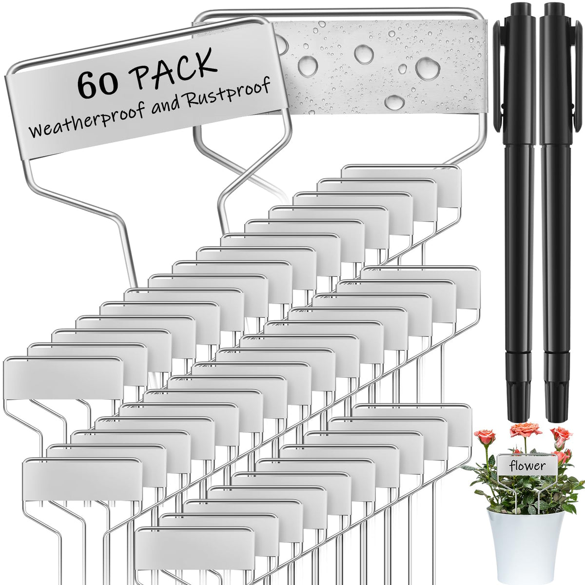 Moxweyeni metal garden tags bundle with 60 pieces for easy plant labeling.