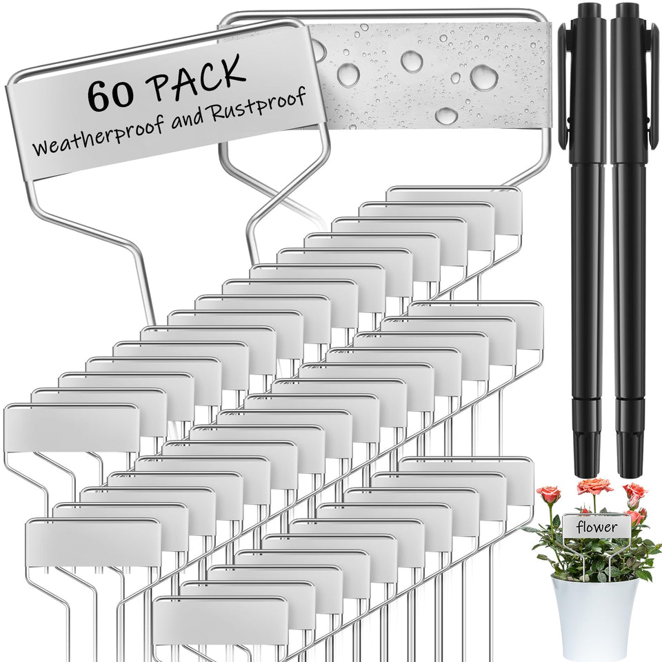Moxweyeni metal garden tags bundle with 60 pieces for easy plant labeling.