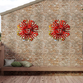 Moxweyeni metal wall art sun in red enhances outdoor spaces with durable, weather-ready design