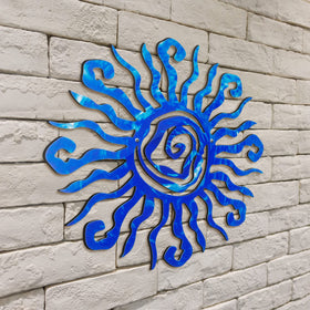 Moxweyeni sun wall art blue, 11.8-inch diameter, indoor or outdoor focal point.