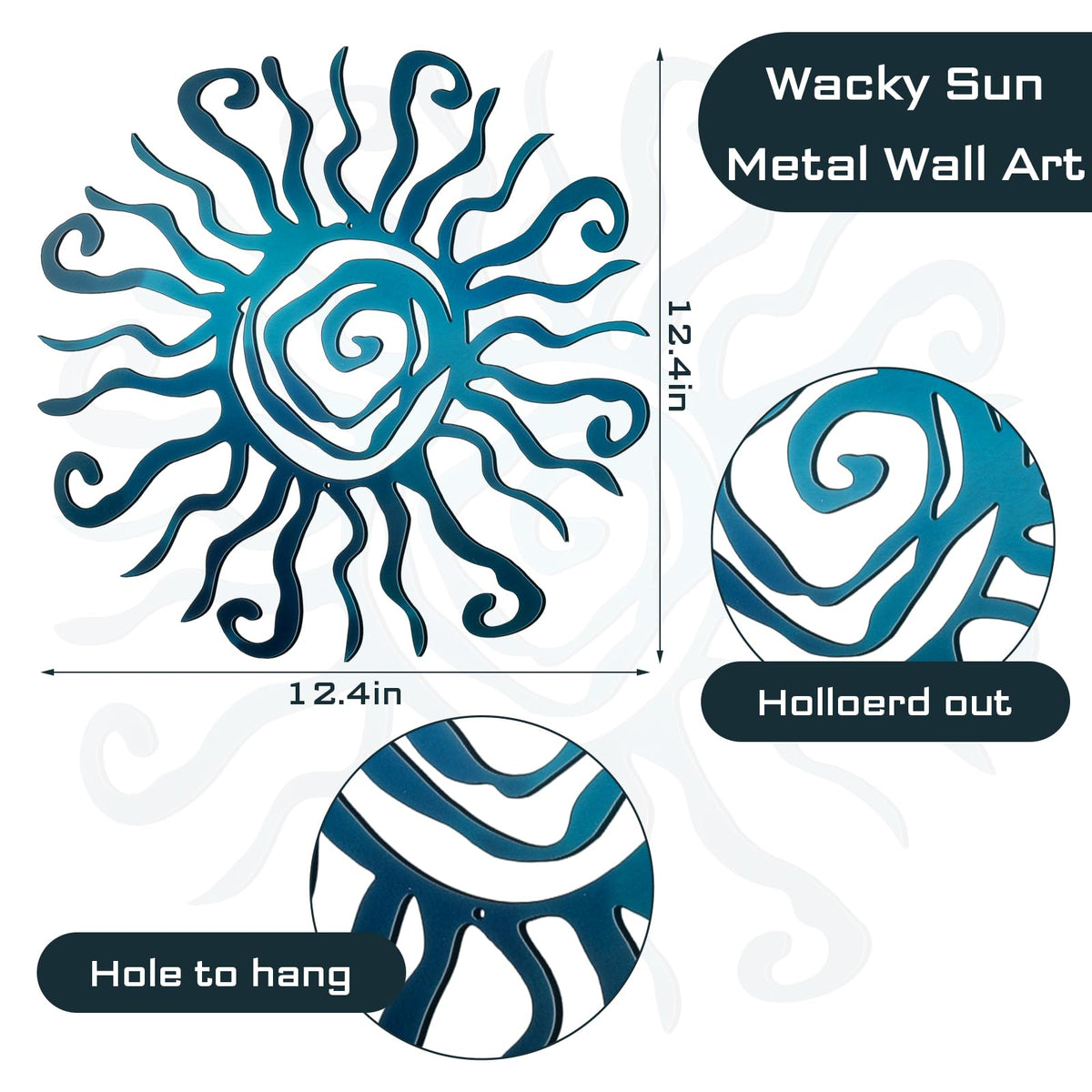 Moxweyeni sun wall art in blue-green enhances indoor or outdoor spaces