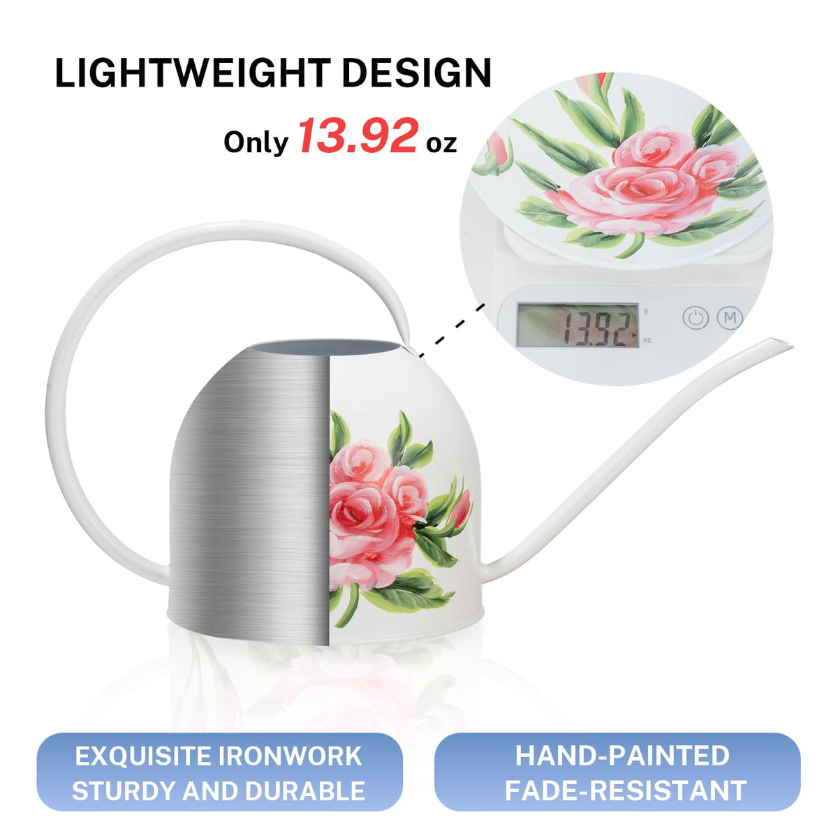 MOYEE white metal watering bottle with ergonomic handle for comfortable grip