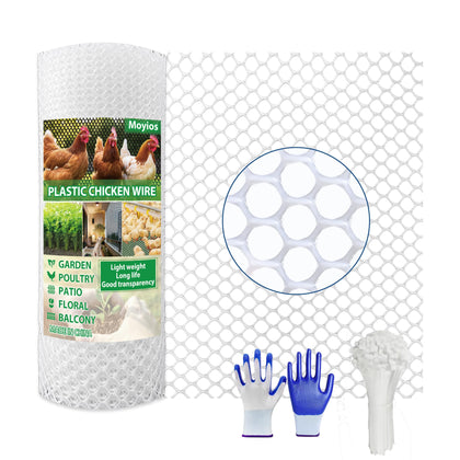 Moyios white plastic chicken wire mesh for garden fencing and poultry protection.