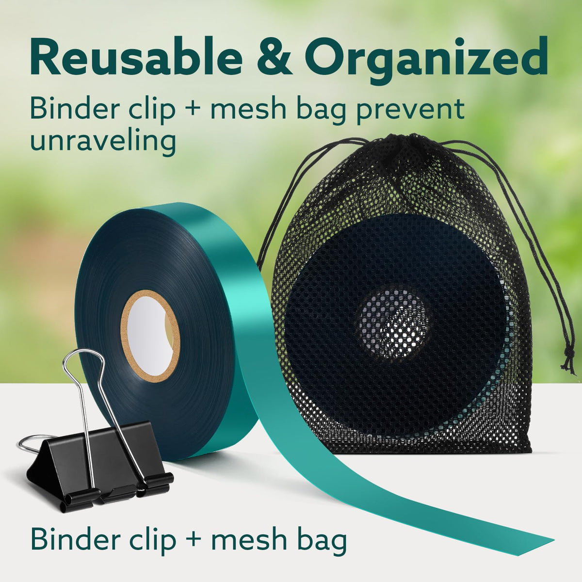 MOZZPAD plant tie tape with clip and mesh bag for easy organization.