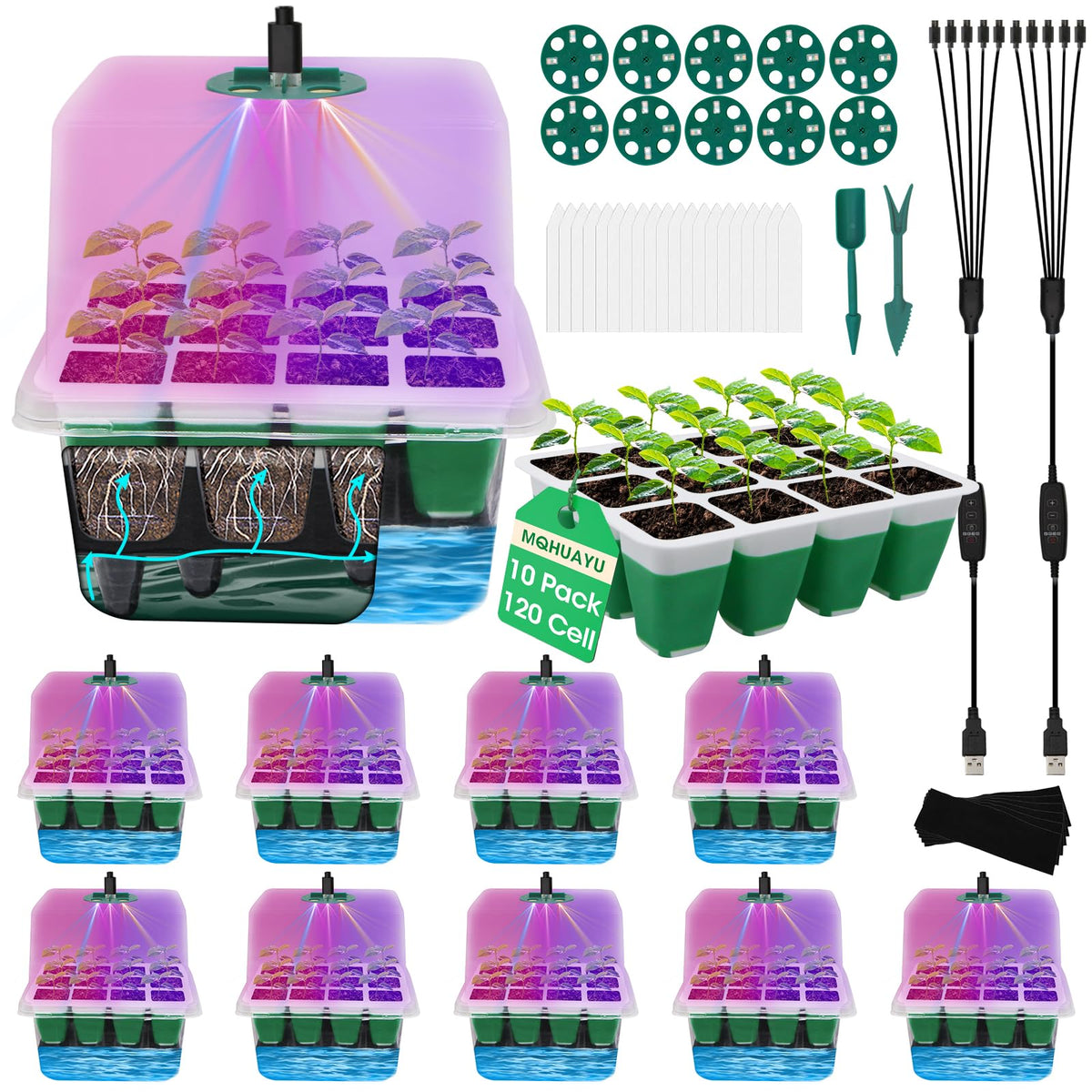MQHUAYU self-watering seed tray front view with integrated water reservoir for steady moisture