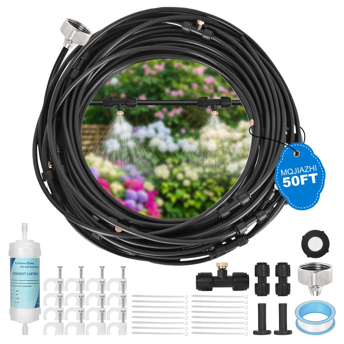 MQJIAZHI 50ft misting kit outdoors near patio furniture, ready to use.