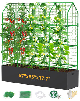 MQJIAZHI 65-inch trellis supports cucumber and tomato vines with ample height.