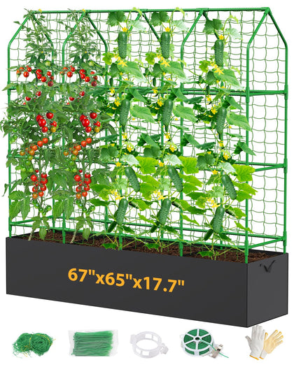 MQJIAZHI 65-inch trellis supports cucumber and tomato vines with ample height.