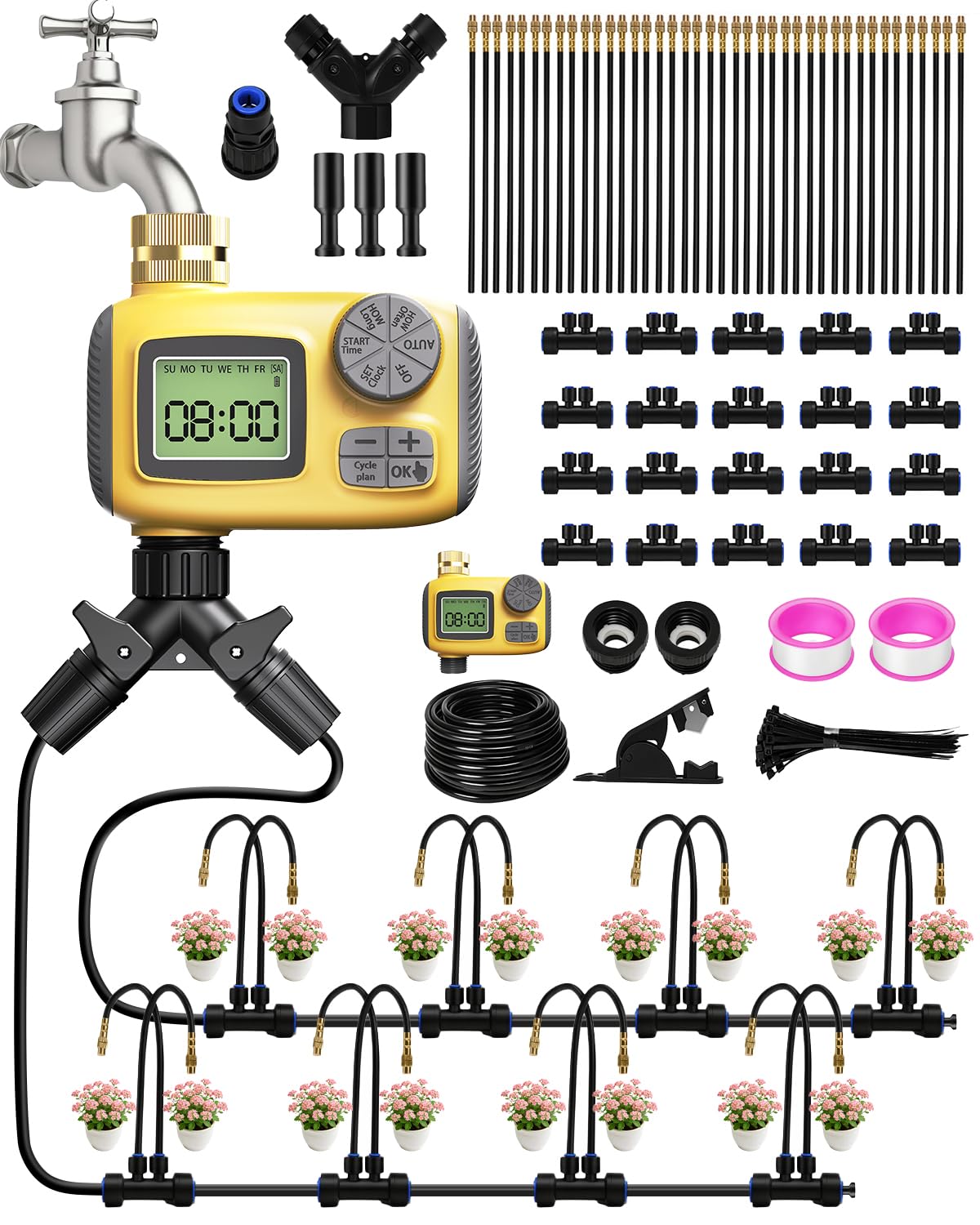 MQJIAZHI 66ft drip irrigation timer enables hands-free automated watering for busy days.